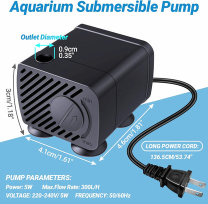GOZILLA Mini Submersible Water Pump, Ultra Quiet Pump (5W,300L/H,79GPH) for Terrarium, Aquarium,Fish Tank,Tabletop Fountain and Pet Fountain.