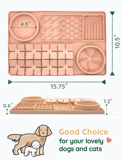 Slow Feeder Bowl Bundle: Creamy Peach 4in1 Licking mat (15.75" x 10.5" x 1.2") + Light Blue Starry Sky Feeder (4.3" x 2.9"), Silicone Lick mat with Suction Cups for Slow Eating and Keep Busy