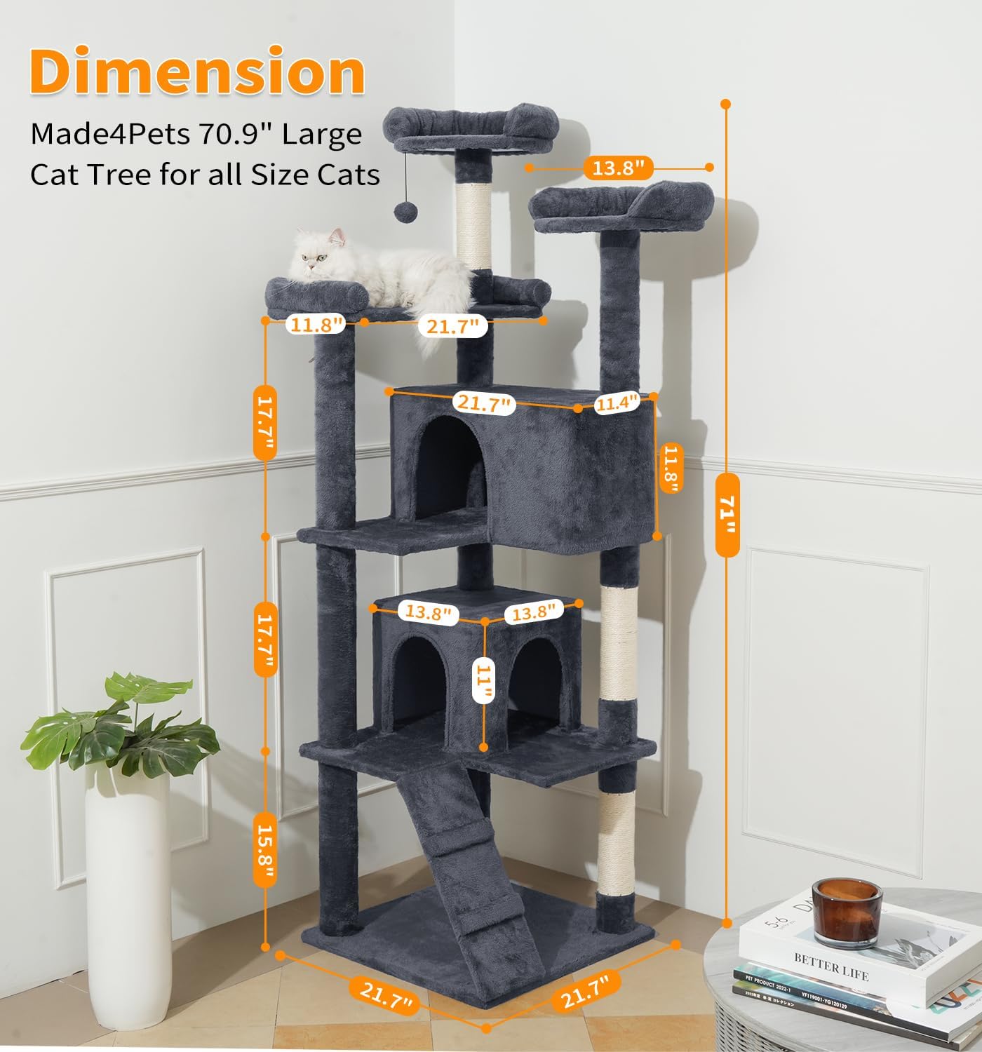 Made4Pets Cat Tree Tower 70in Cat Tower for Indoor Cats Kitten Tree Multi-Level Cat Tree with 2 Condo Furniture Activity Center with Scratching Posts Funny Toys Kittens Pet Play House, Grey