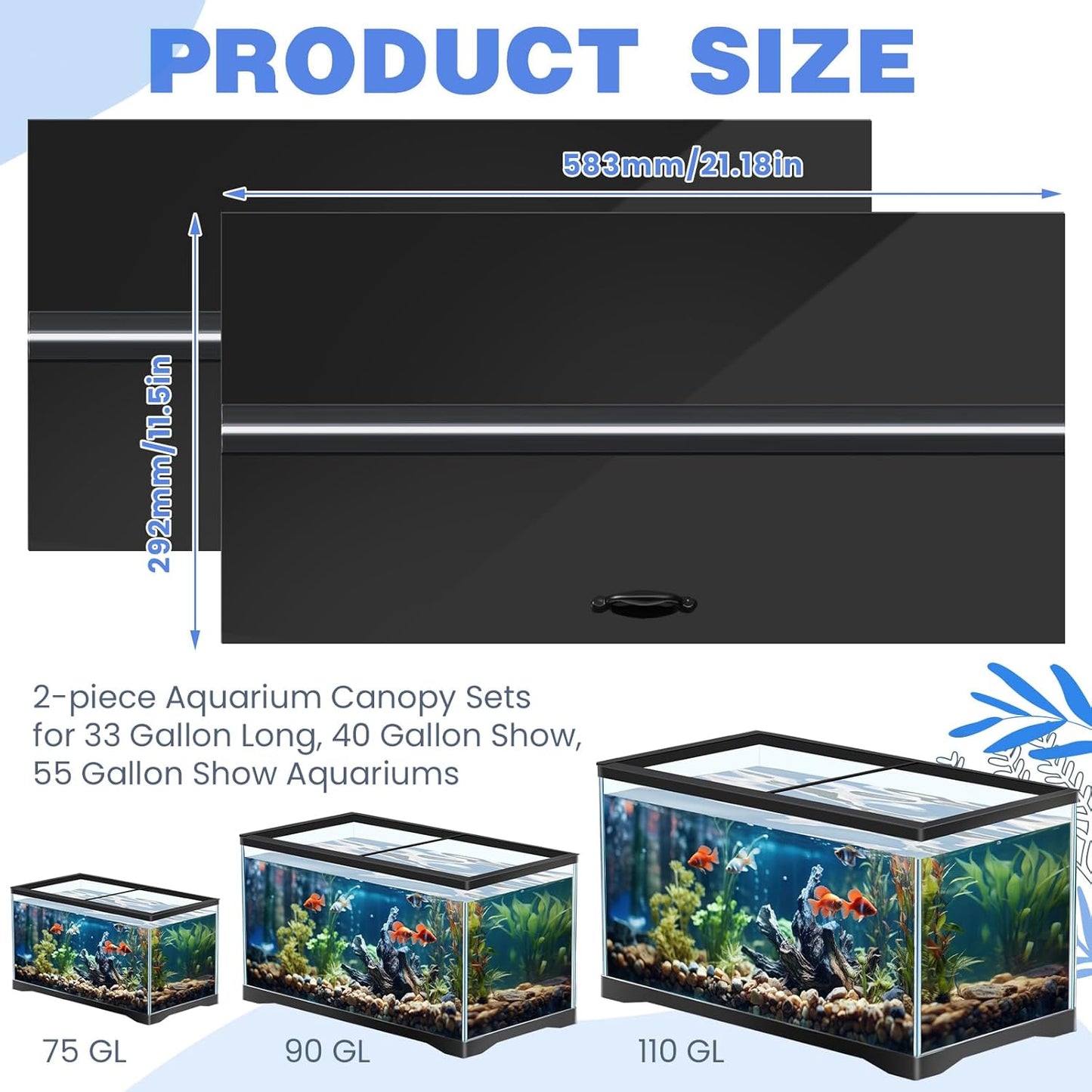 Sieral Aquarium Lids Polycarbonate Canopy with LED Light 2 Pcs Set 22.95 x 11.5 x 0.12 Inch for 33/40/55 Gallon with Center Brace Aquariums Cover Fish Tank Lid with a Hook Knife, Black