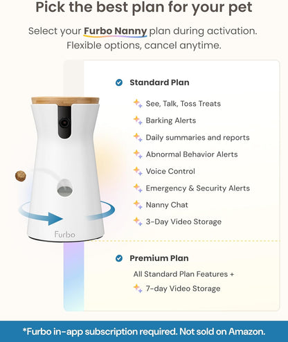 Furbo 360° Dog Camera [Subscription Required] Unlock w/Paid Plan: Home Security & Dog Safety Alerts, Rotating Pet Treat Toss w/ 2-Way Speaker, Smart Cam w/Phone App (Low Risk, 3mo Min. Cancel Anytime)