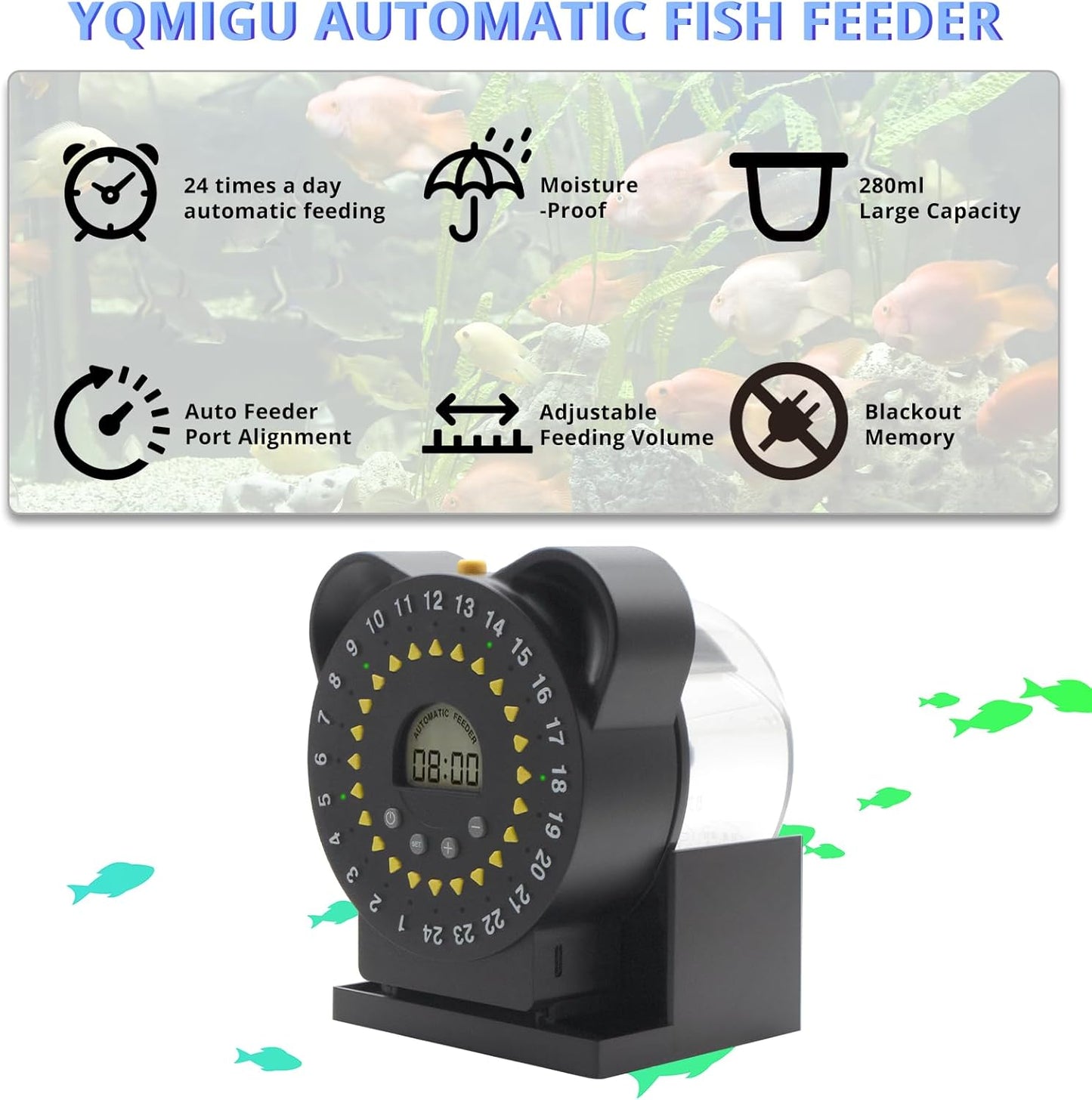Fish Feeders for Aquariums LCD Display,Automatic Feeder USB,Up to 24 Feedings A Day, with Food Containers 280 ML Capacity, Fish Feeding Ring, Suitable for Vacation Weekend Day