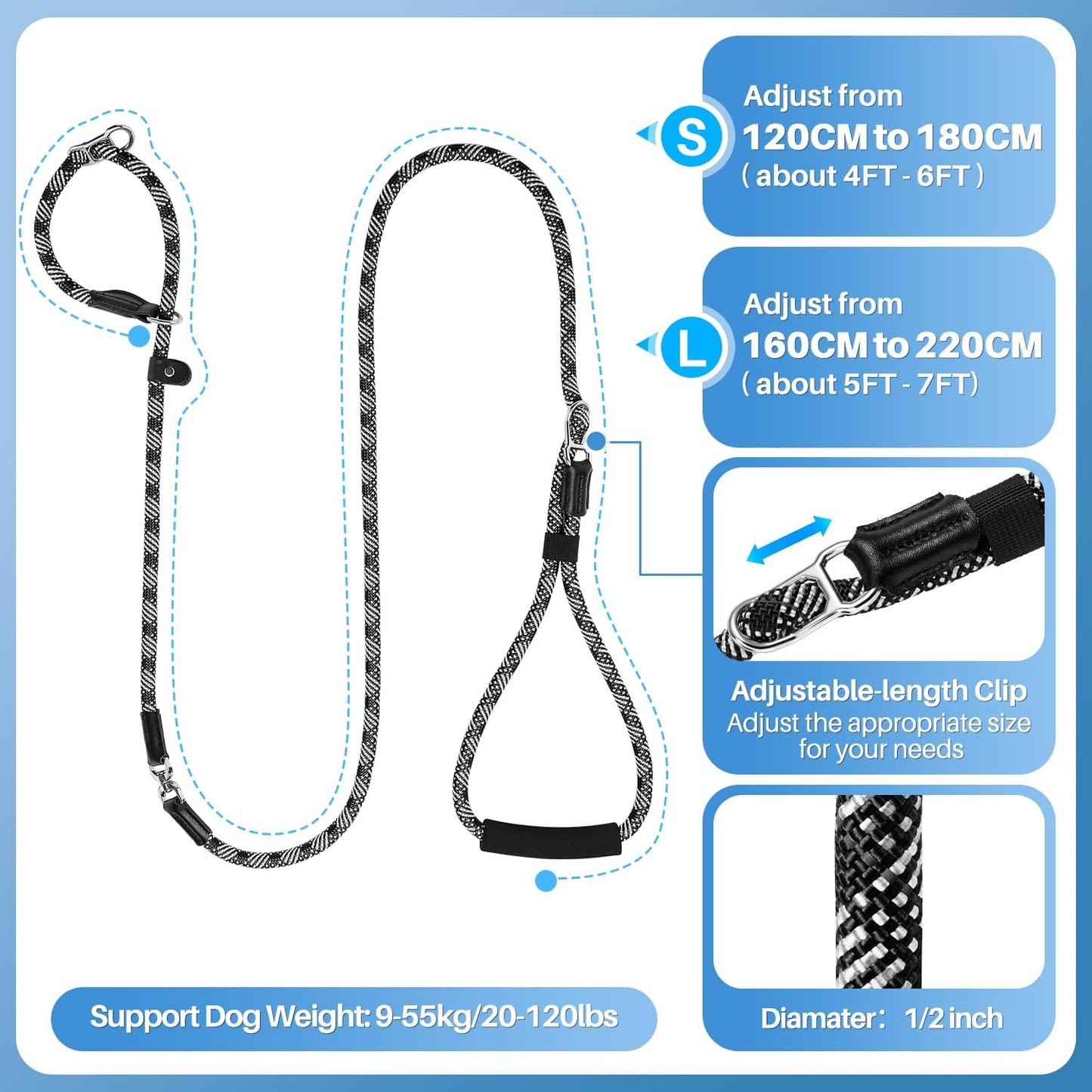 Lukovee Slip Lead Dog Leash, 4-6 FT x 1/2" Adjustable Tangle Free Leash, Heavy Duty Comfortable Reflective No Pull Training Rope Lead with Padded Handle for Medium Large Dogs (Black, S: 4-6 FT)