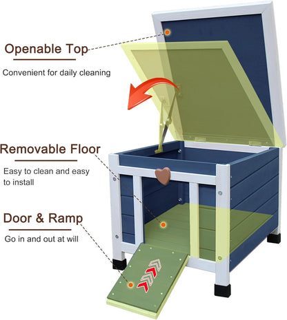 Rockever Outdoor Cat House, Insulated Outdoor Cat House with Warm Liner for Winter, Weatherproof Rabbit Hutch Bunny Cage, Wooden Outside Shelter for Feral Cats, Rabbits-Blue