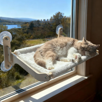 Cat Window Perch Hammock Bed - Foldable Hardwood Frame, No-Drill with Strong Suction Cups, Plush Faux Rabbit Fur for Large Cats up to 50lbs