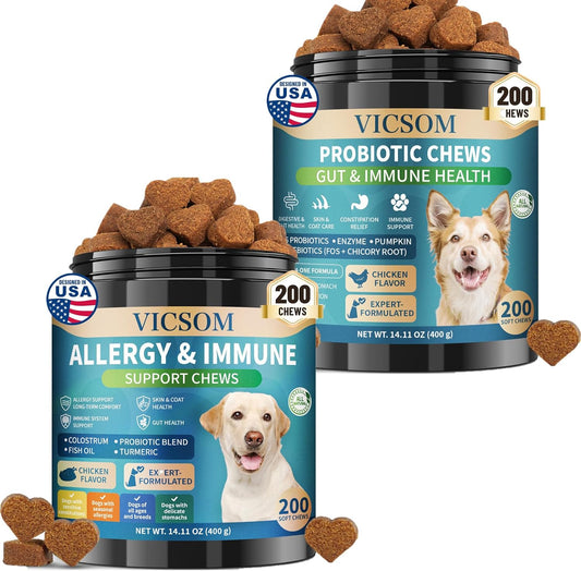 VICSOM Dog Allergy Relief & Probiotic Chews Bundle, 200 Count Each - Chicken Flavor Soft Chewswith Probiotics, Omega-3, Colostrum & Digestive Enzymes for Skin, Coat & Gut Support