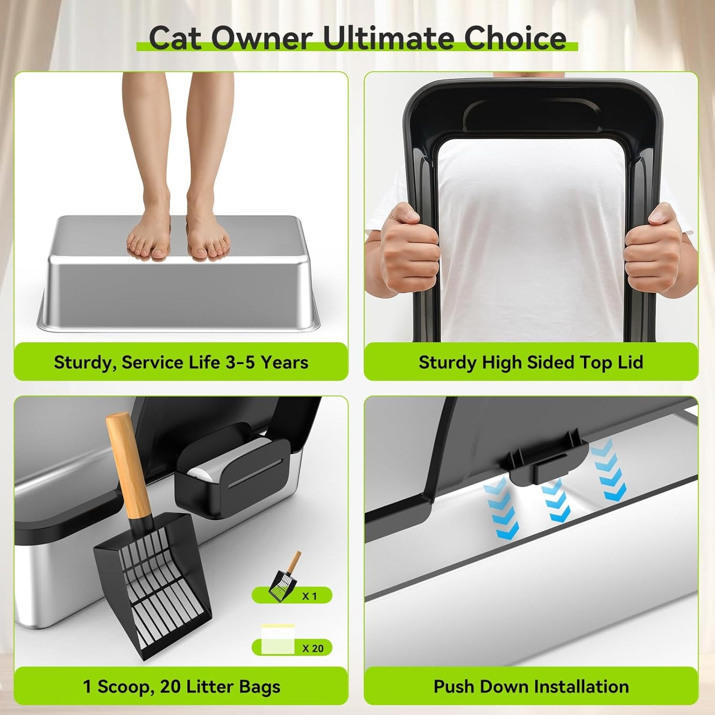 Stainless Steel Litter Box, Large Metal Cat Litter Boxes with High Sided for Big Cats Multiple Cats 24"X20"X16"