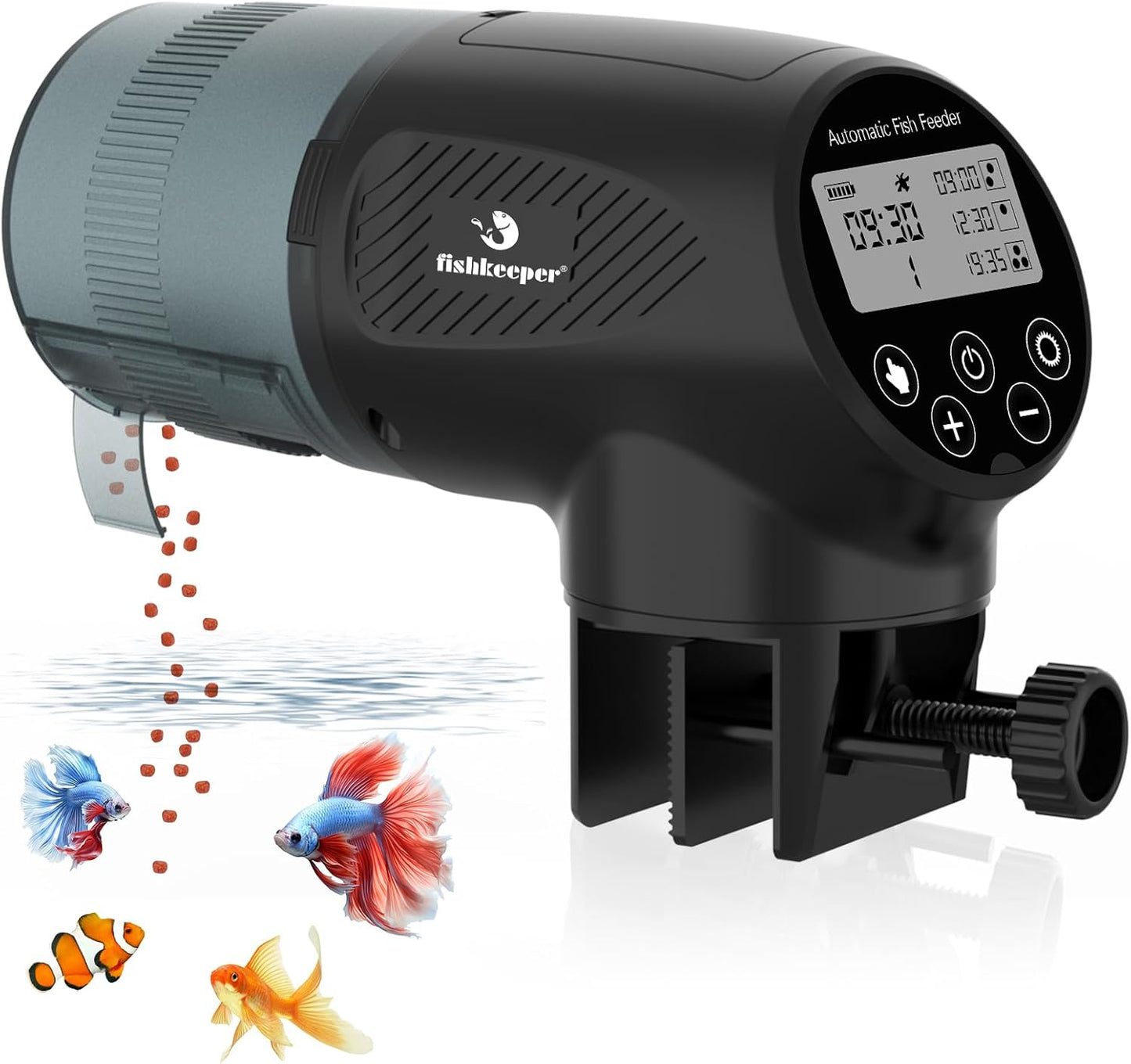 fishkeeper Automatic Fish Feeder for Aquarium - Moisture-Proof and Precision Feeding Auto Fish Food Dispenser with LCD Display Adjustable Betta Vacation Feeder with 2 AA Batteries (200ml)