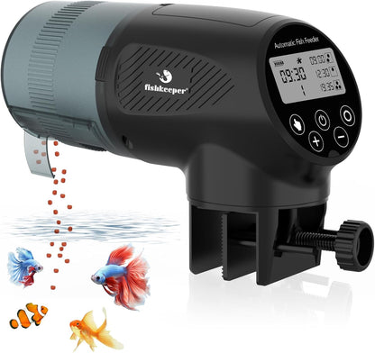 fishkeeper Automatic Fish Feeder for Aquarium - Moisture-Proof and Precision Feeding Auto Fish Food Dispenser with LCD Display Adjustable Betta Vacation Feeder with 2 AA Batteries (200ml)