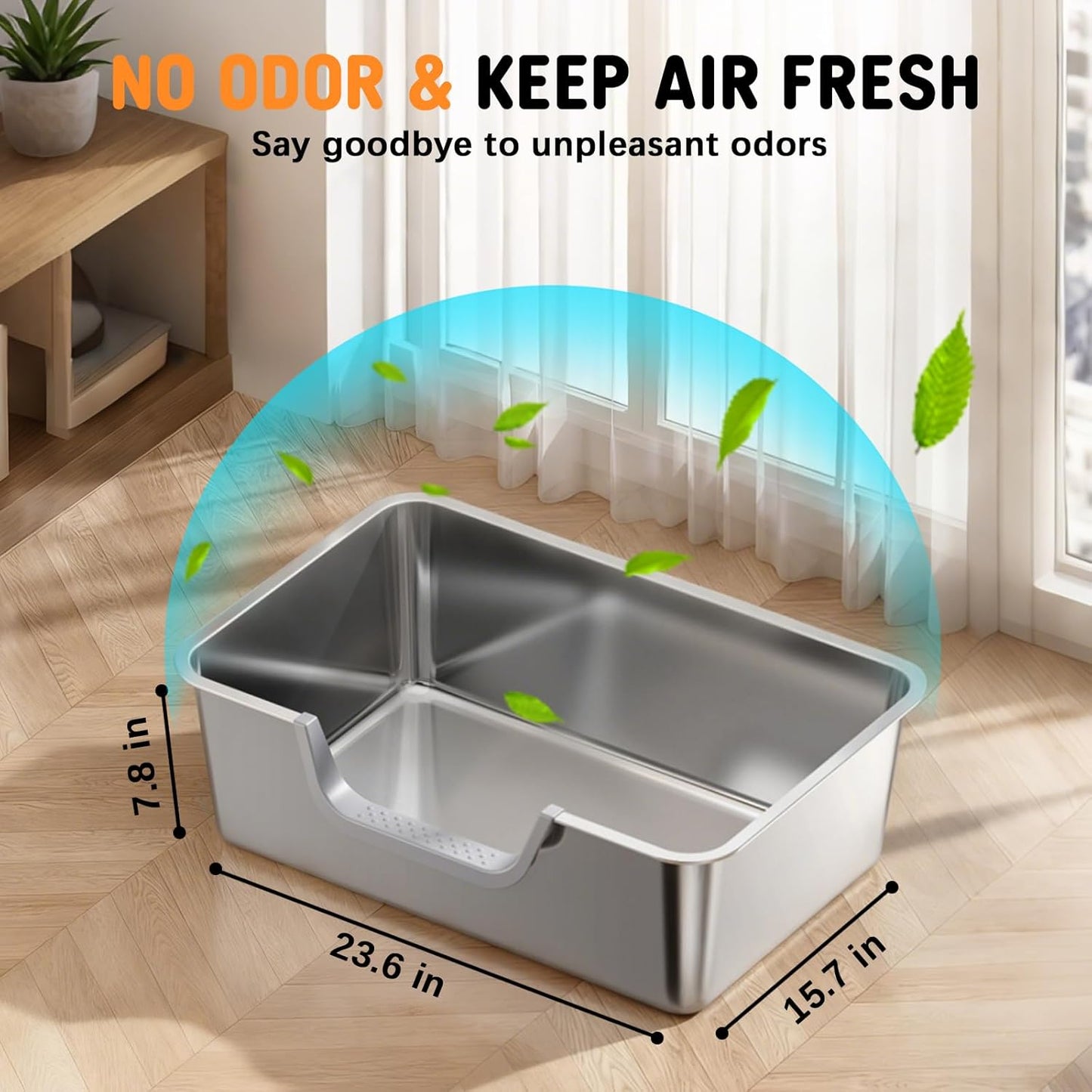 Stainless Steel Litter Box with High Sides,23.6" L X 15.7" W X 7.8" H,Extra Large Jumbo Cat Litter Box,XL Kitty Metal Liter Box for Indoor Big Cat,Non-Sticky,Anti-Leakage(Entry on Long Side)