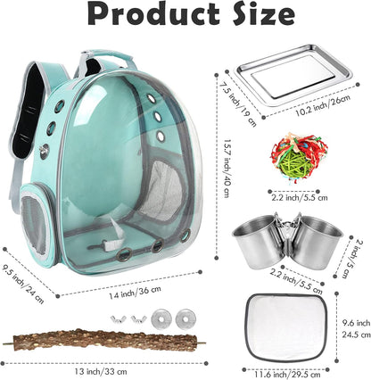 Bird Backpack Carrier with Perch, Portable Bird Travel Cage Bag, Clear Parrot Carrier Cockatiel Cage with Toy Stainless Steel Food Bowl Tray for Conures Parakeet Budgie Canary Lovebirds Small Animals