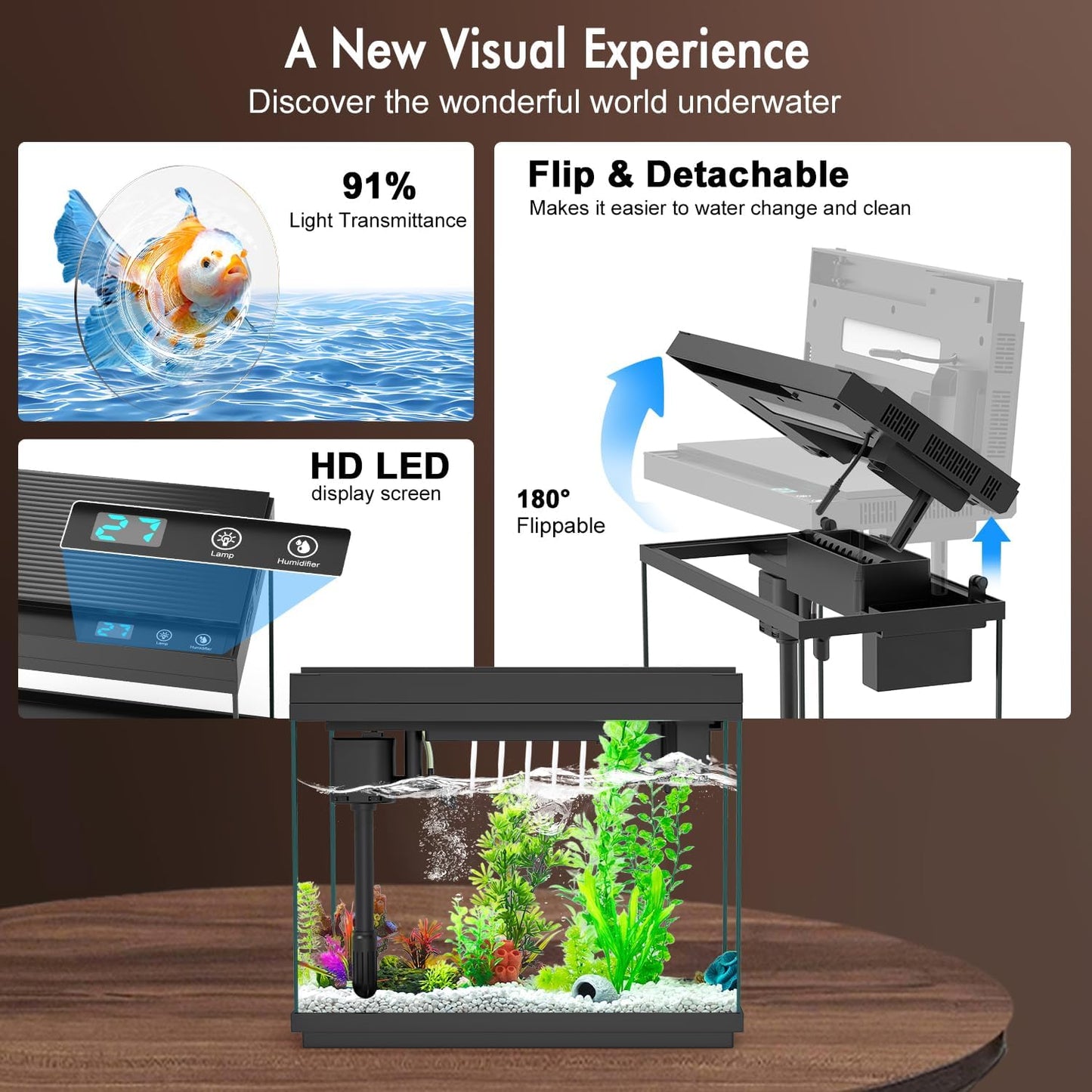 Smart Aquarium Fish Tank with Silent Water Pump, 2.4 Gallon Small Aquarium with Quick Start Kit, Temperature Display, Humidifier and RGB Lights, Perfect for Home, Office, and Decor