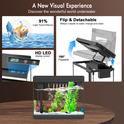 Smart Aquarium Fish Tank with Silent Water Pump, 2.4 Gallon Small Aquarium with Quick Start Kit, Temperature Display, Humidifier and RGB Lights, Perfect for Home, Office, and Decor