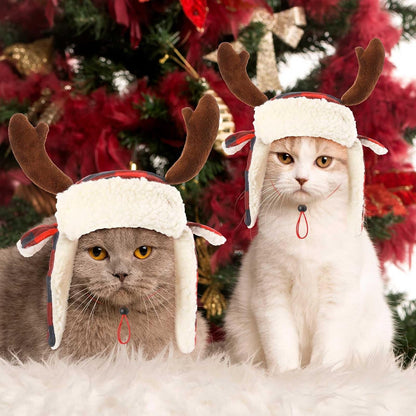 2 Pcs Christmas Antler Check Dog Santa Hat Adjustable Pet Red Plaid Pet Cap Xmas Antler Dog Hats for Small Medium Large Dogs(L)