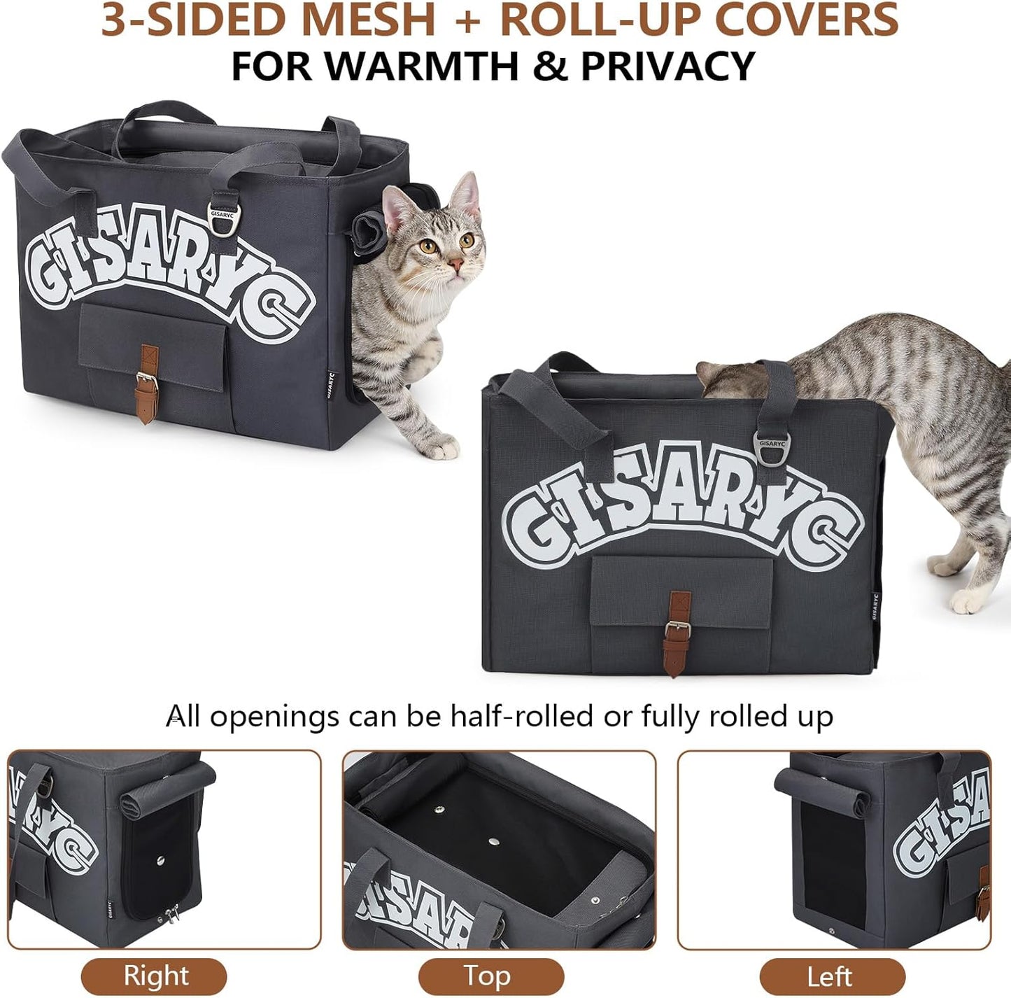 Dog Purse Carrier for Small Dogs, Cats and Puppies – Soft-Sided Foldable Pet Travel Bag with Multi Pockets, 3-Sided Mesh & Rollable Cover for Nervous Cats, Fits Pets up to 15 lbs (Grey)