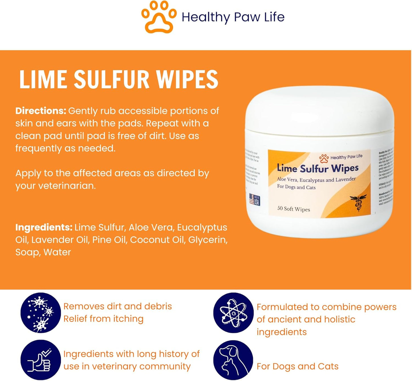Healthy Paw Life Lime Sulfur Wipes - Relief for Itching, Scratching, and Redness - Infused with Lime Sulfur, Aloe & Essential Oils - Skin Care Solution for Pets (50ct, 2" Skin Soothe Wipes)