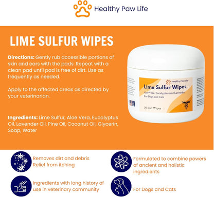 Healthy Paw Life Lime Sulfur Wipes - Relief for Itching, Scratching, and Redness - Infused with Lime Sulfur, Aloe & Essential Oils - Skin Care Solution for Pets (50ct, 2" Skin Soothe Wipes)