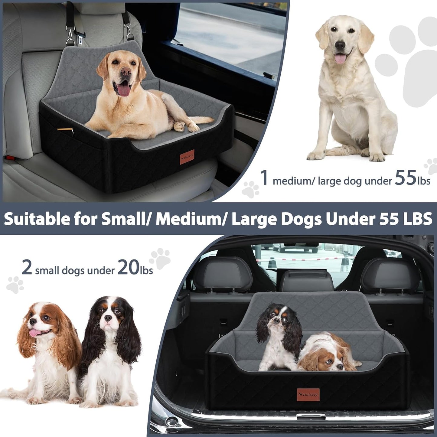 Dog Car Seat for Medium Large Dogs Under 55lbs, Detachable and Washable Dog Booster Seats with Thick Cushion, Pet Travel Bed for Car with Storage Pockets and 2 Safety Belts