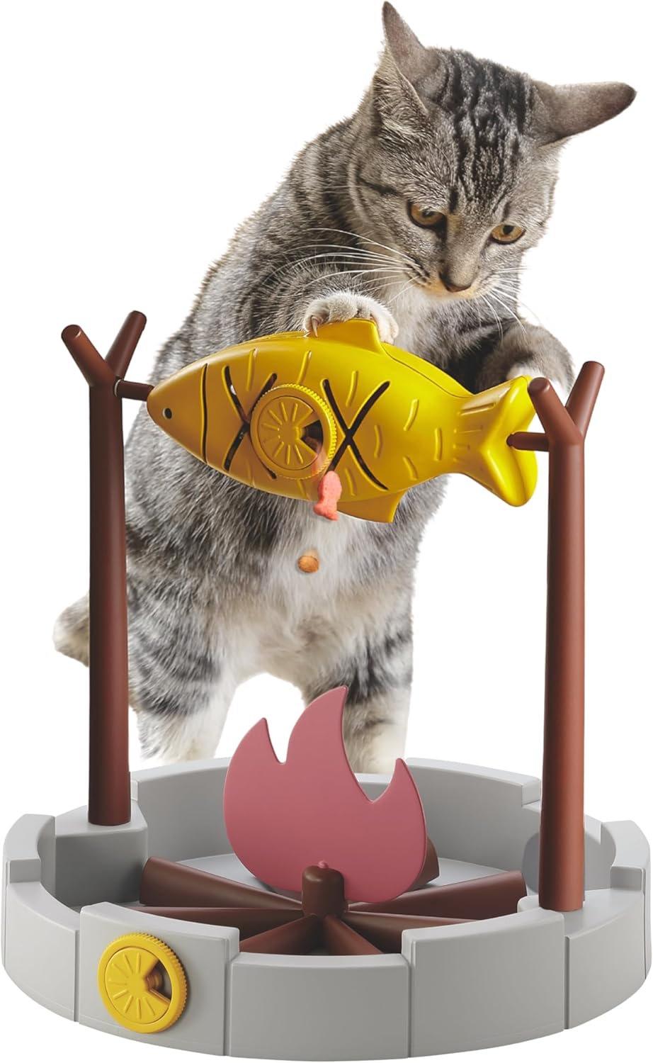 PetPals 11" High Cats Treat-Dispensing Slow Feeder,Pets Dry Food Dispenser,Cats Slow Feeding Snack Bowl, Grilled Fish Spinning Toy, Food Puzzle Cat Toy