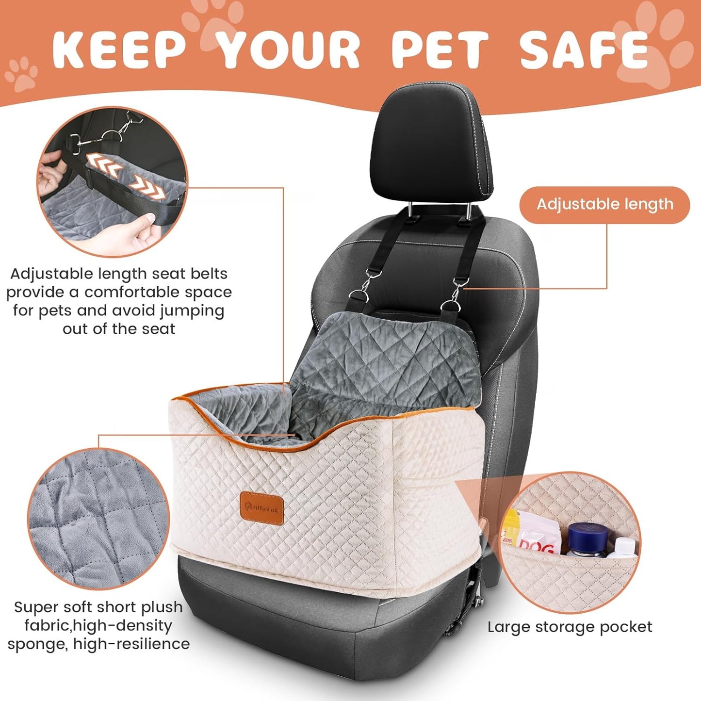 Memory Foam Booster Dog Car Seat with Washable Removable Cover, Elevated Pet Car Seat, Anti-Slip Sturdy Booster Seats for Small Dogs 35lbs, Seat Belt, Storage Pocket, Dog Blankets