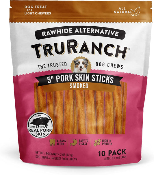 TRURANCH All-Natural Rawhide Alternative Dog Treats, 5" Pork Skin Sticks (Smoked), 10 Pack, with Real Pork, Healthy Treats, Limited Ingredients Dog Chew, for Small, Medium, and Large Dogs
