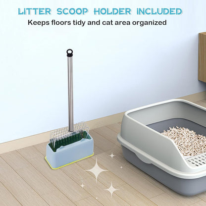 Metal Cat Litter Scoop with Holder Stainless Steel Kitten Poop Scooper, 17.5" Heavy Duty Pet Poop Sifter for Cat Box, Long Handle Large Waste Shovel, Fast Sifting Big Clumps, Solid & Durable
