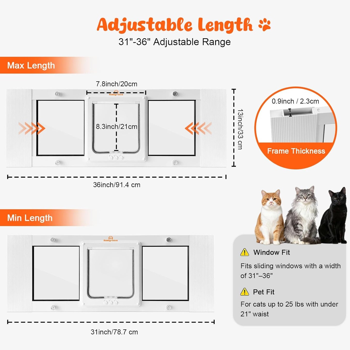Homegroove Cat Door for Window, Adjustable Fits to 31"-36" Width Window Pet Door for Cat & Doggy, Aluminum Frame Window Cat Door Insert to Control Pet Access (31-36inch)