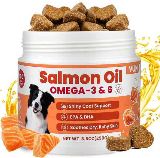 Omega 3 for Dogs Fish Oil Treat Skin and Coat Supplement, Omega 6 Salmon Oil Chews with EPA & DHA Fatty Acids Dry Skin Relief for Dogs, Coat Itch Relief Supplement,Salmon Flavor