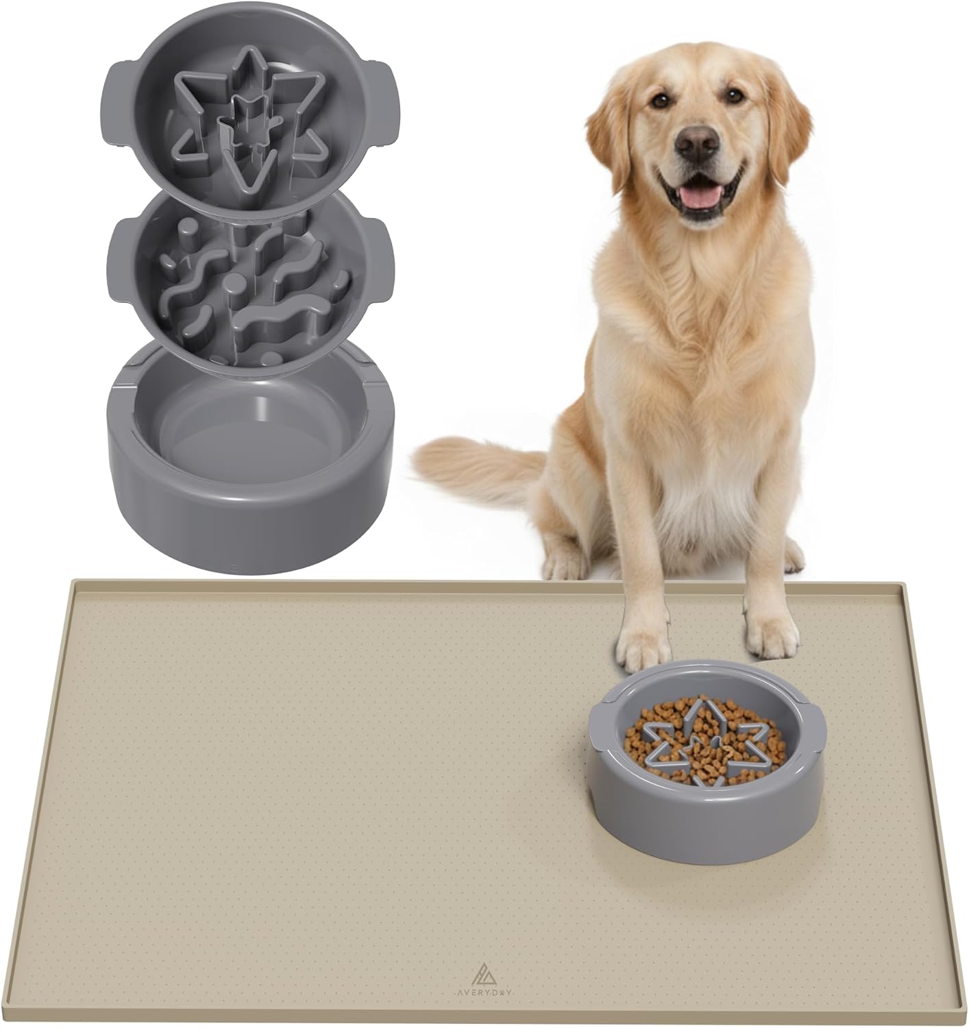 AVERYDAY 3-in-1 Slow Feeder Dog Bowls and 32x24'' Silicone Dog Mat Bundle