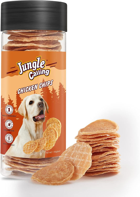 Jungle Calling Dog Treats, Single Ingredient Chicken Chips, Crunchy Jerky Chip Training Treat for Small Medium Large Breed Dogs, About 32 Count
