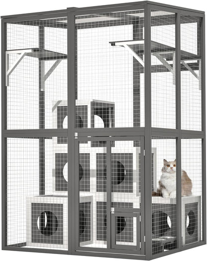 Outdoor Wooden Cat Large Solid Wood Cat Cage Playpen with 2 Jumping Platforms & 7 Napping Houses, Walk-in Cat Kennel Condo Shelter, Grey Weather-Resistant Outdoor Lawn