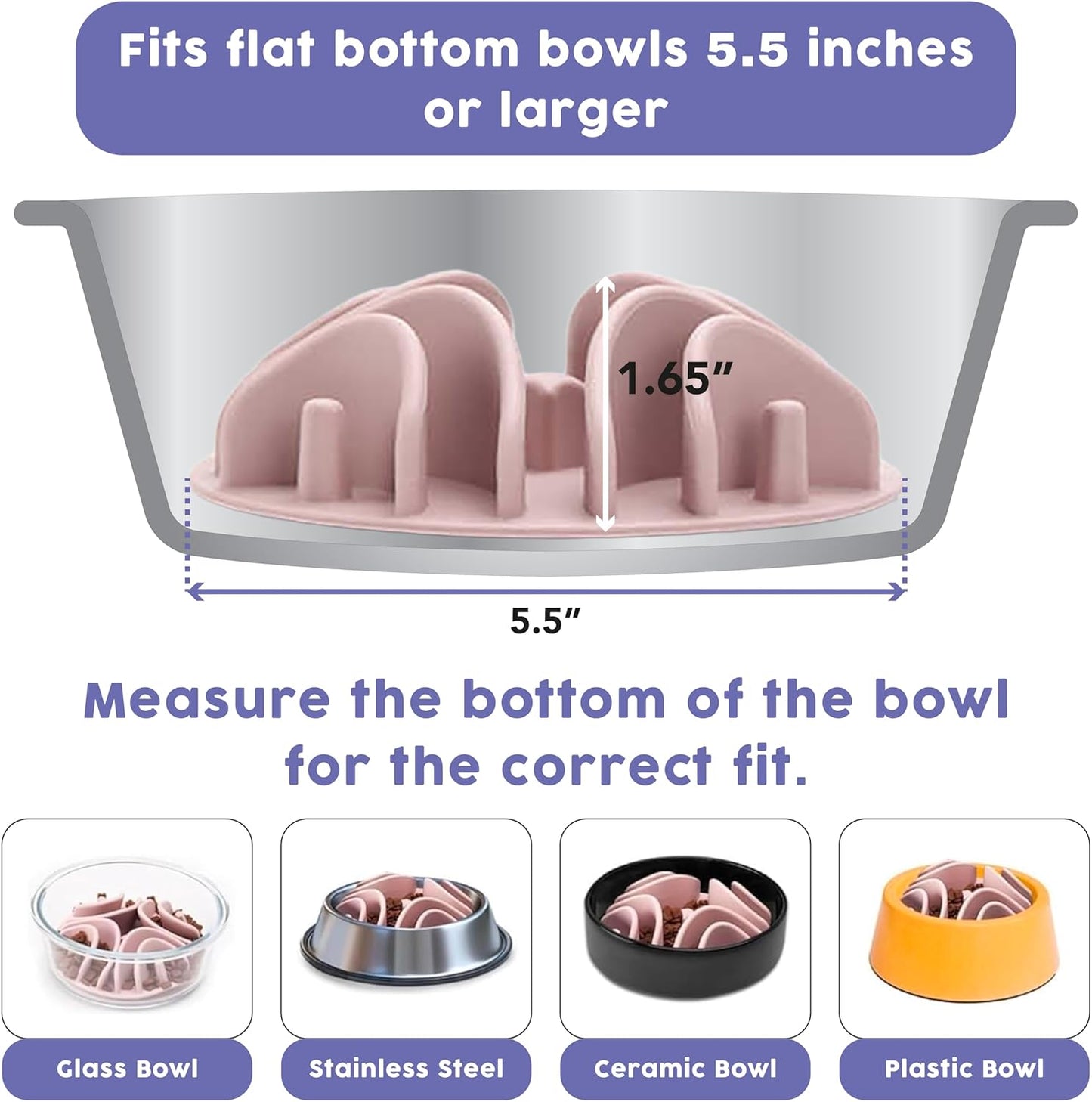 Awoo Great Vibes - Silicone Slow Feeder for Dog Bowls Over 5.5 Inches - Non-Slip, Wet and Dry Food-Compatible Pet Dish with Suction Cups - Extends Mealtime for Fast Eaters - Dishwasher Safe (Mauve)