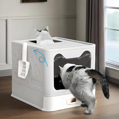 Stainless Steel Litter Box, Foldable Enclosed Cat Litter Box with Lid, Large Top Exit Design with Pull-Out Drawer & Scoop, Easy Clean Odor Control -Light Grey