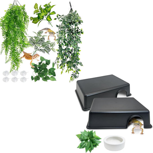 Hamiledyi 5 Pcs Reptile Plants Terrarium Hanging Fake Plant Leaves and Reptile Hide Box 4 Pcs Leopard Gecko Hide Snake Hideout for Ball Python for Lizard, Corn Snake
