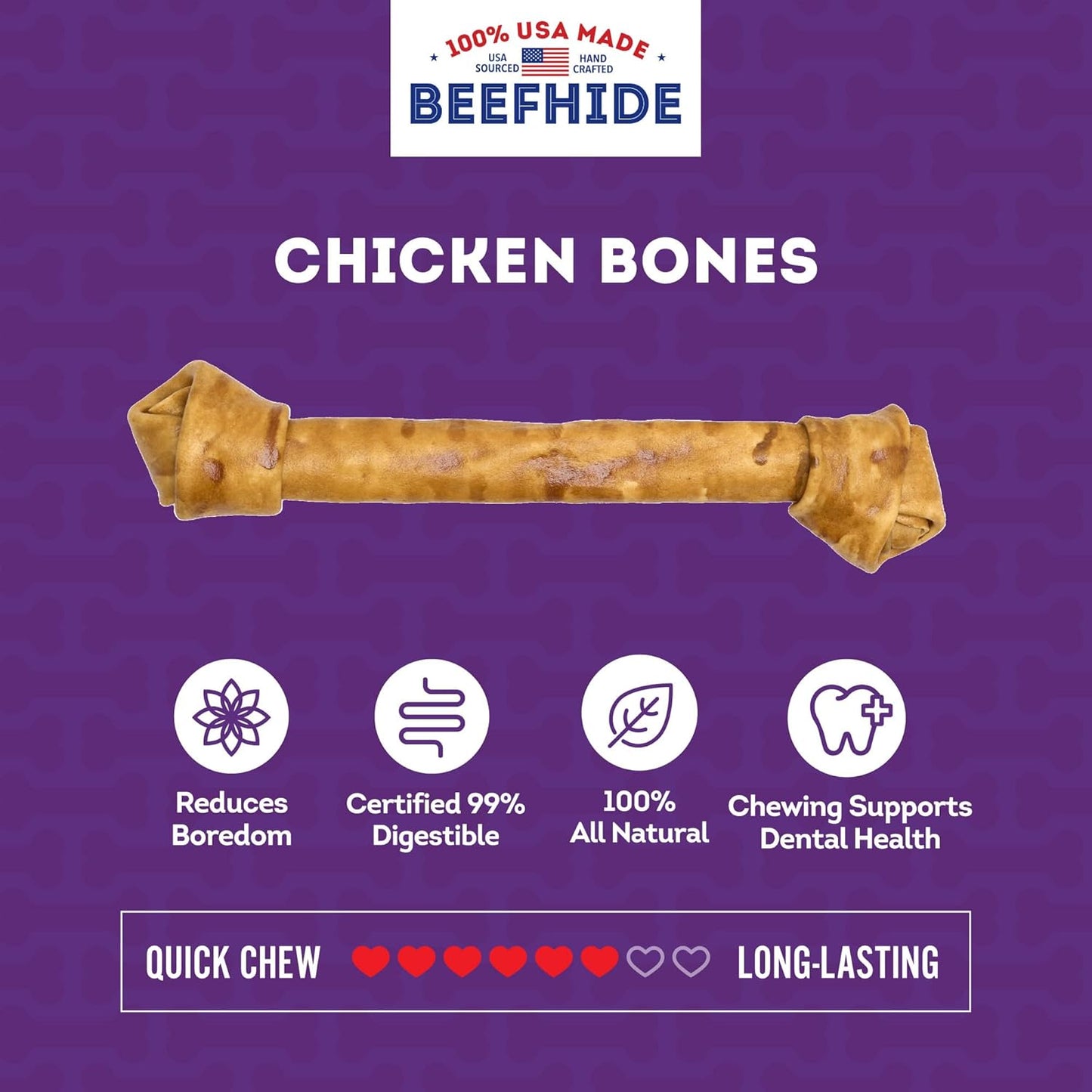USA Beefhide Bones 15-17" Dog Chew Treats - Chicken Flavor, 1 Count/2 Pack