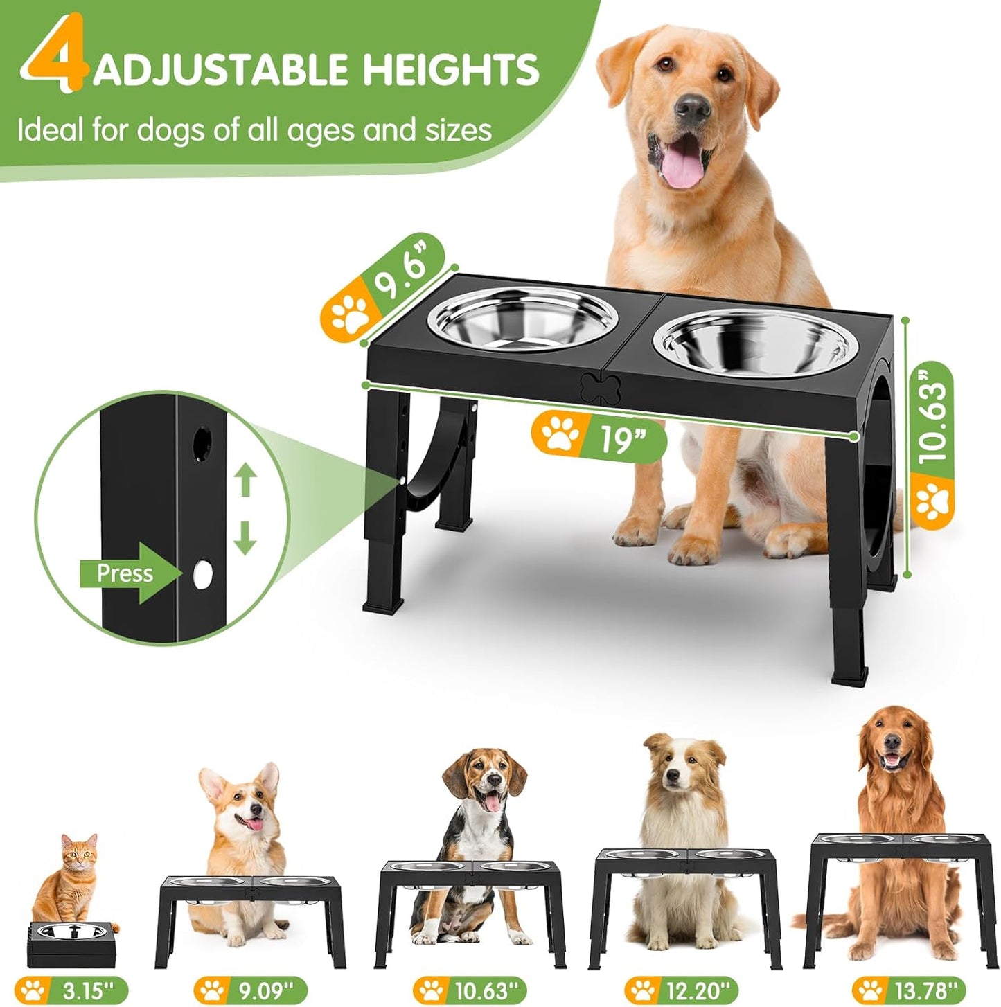 XIAZ Elevated Dog Bowls Large Breed Raised Dogs Bowl Stand Large/Medium Sized Dog 1L Food Water Bowl Stands 5 Heights Adjustable 9/11/12/14in Black Pet Feeder Dish Station