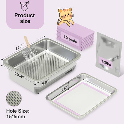 Premium Low-Track Bundle: Steel Litter Box & Low-Dust Zeolite + Pads