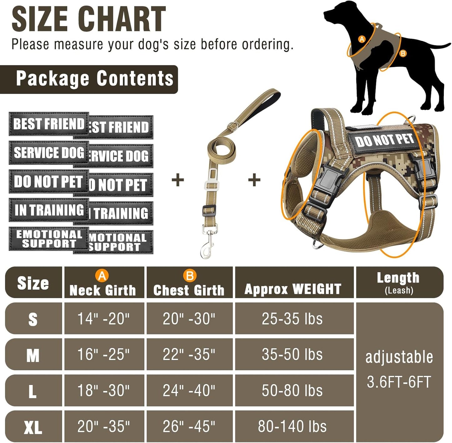 Tactical Dog Harness and Leash Set for Large Dogs,Heavy Duty No Pull Service Dog Vest and 10 Patches with Dog Seat Belt,Reflective Adjustable Pet Harness for Training Walking Hiking Camo L