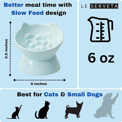 Macarons Series Ceramic Slow Feeder Cat Bowl, Raised Puzzle Feeder, Anti Vomiting Cat Slow Feeding, Elevated Food Bowl, Whisker Friendly Pet Bowl with Cute Ear Design (Blue)