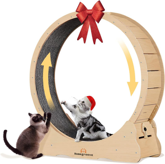 Homegroove 35.4 Inch Cat Exercise Wheels for Indoor Cats, Versatile Cat Toy Running Wheel Treadmill with Detachable Carpet for Weight Loss and Health, Natural Wood Color(M)