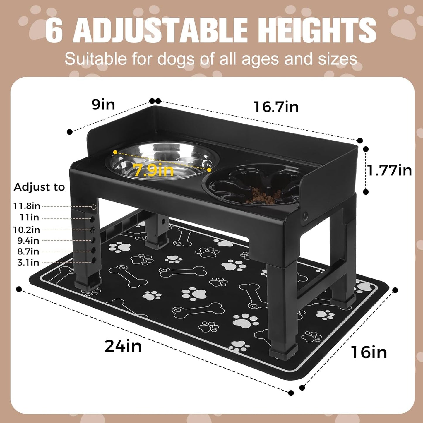 BINGPET Elevated Dog Bowls with Mat,Raised Dog Bowl,6 Heights Adjustable Stand,Non-Slip and Non-Spill Food Bowl for Small Medium Large Dogs