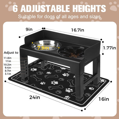 BINGPET Elevated Dog Bowls with Mat,Raised Dog Bowl,6 Heights Adjustable Stand,Non-Slip and Non-Spill Food Bowl for Small Medium Large Dogs