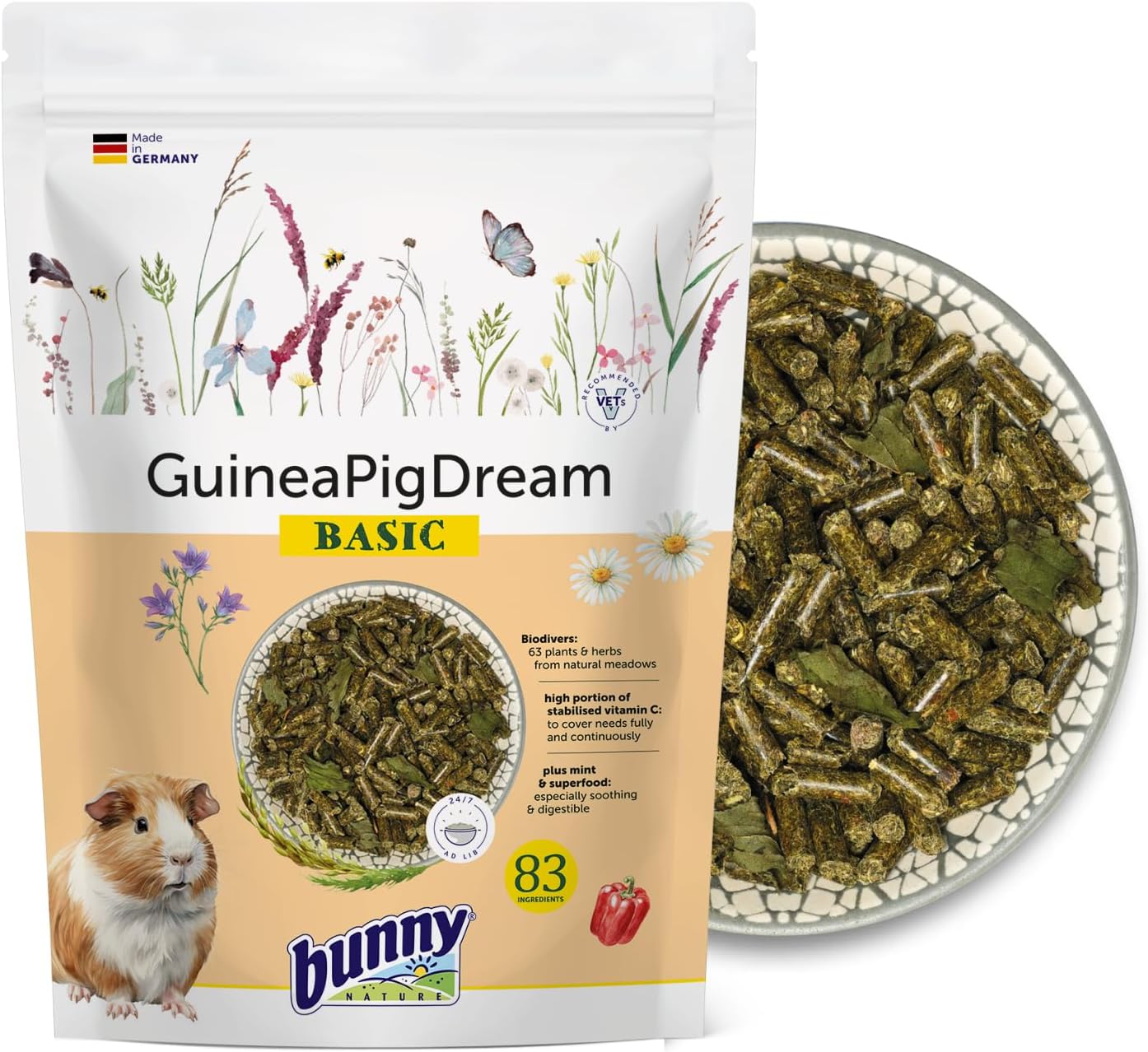 Bunny Nature Guinea Pig Food Pellets GuineaPigDream Basic, 63 Herbs, Stabilized Vitamin C, High Fiber, Grain Free, Mint & Superfoods, Digestive Health - 1.3 lbs