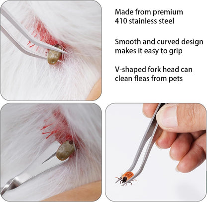 1 Pc Silver 2 in 1 Tick Removal Tool for Pets, Stainless Steel Tick Remover Tools, Professional Tick Tweezers Ticks Remover for Dogs, Cats and Humans, Flea and Tick Control