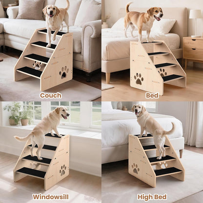 Dog Stairs, Wooden 4-Step Dog Ramp for Small Medium Older Cat, Puppy Essentials Pet Step Ladder for High Bed Couch Car