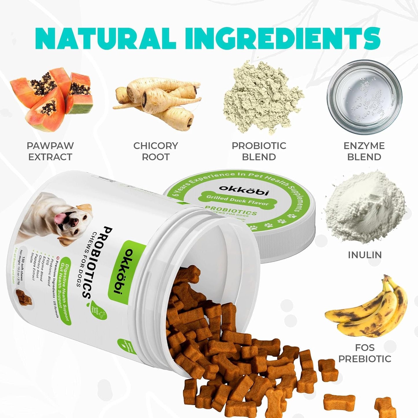 Probiotics for Dogs Chews 150 pcs - Probiotic Chews for Dogs with Enzymes & Natural Ingredients - Digestive & Gut Health Support - US Formula - Duck Flavored