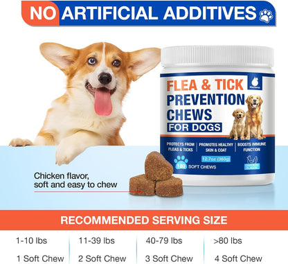 Flea and Tick Prevention for Dogs Chewables, Natural Dog Flea and Tick Treatment, Oral Flea Pills for Dogs Puppy, Skin & Coat Support Supplement