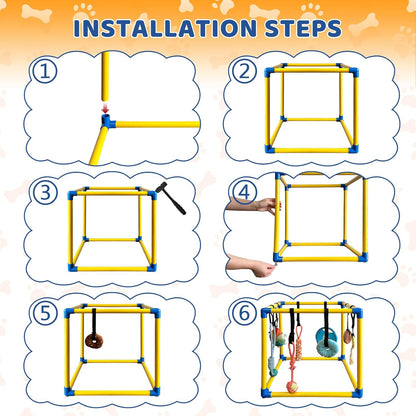 Puppy Play Gym with 8 Hanging Toys Indoor Play Gym Interactive Dog Toys for Boredom Enrichment Activity for Small Dog Teething PVC Frame Stretchy Rope with Velcro (19.6 x 19.6 x 19.6 inch)