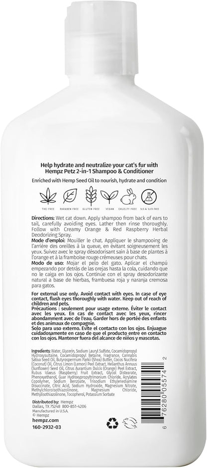 Hempz Petz, Cat Shampoo & Conditioner, Creamy Orange & Red Raspberry 2 in 1 Shampoo & Conditioner 17 oz.