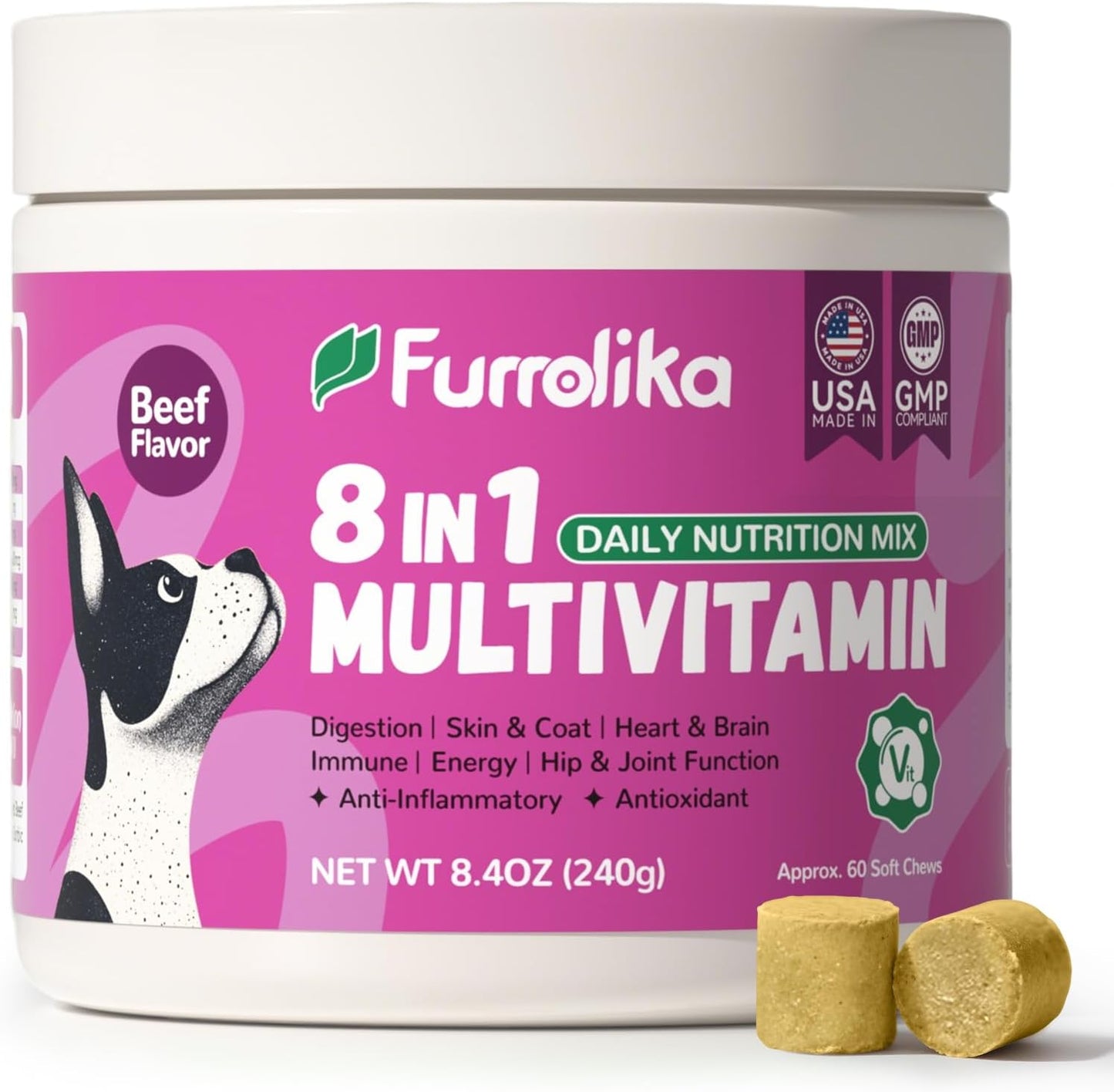 Furrolika Multivitamin Chews for Dogs - Dog Vitamins and Supplements with Glucosamine, Chondroitin, Digestive Enzymes, Probiotics - Hip & Joint, Immune System, Skin & Coat Support - 60 Soft Chews